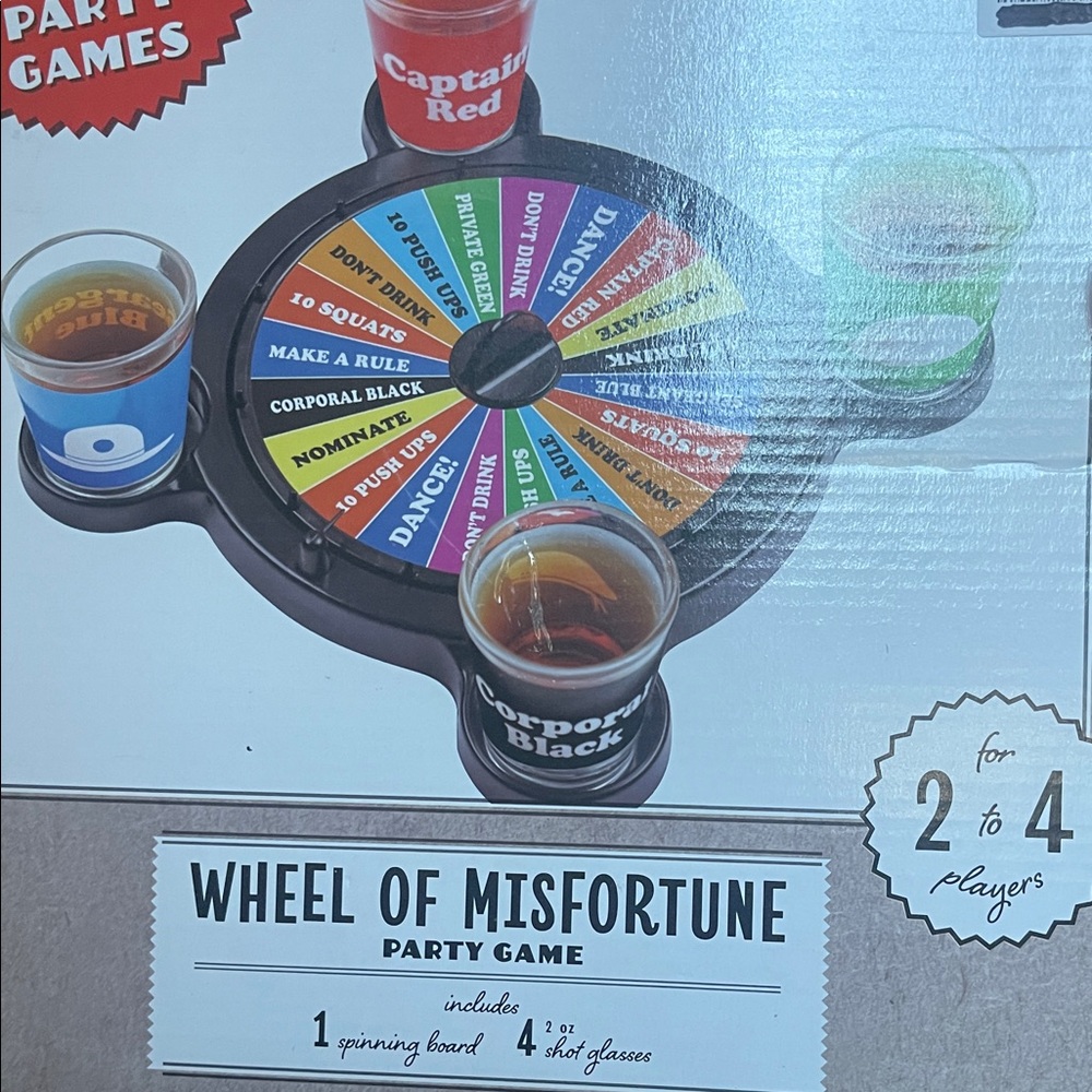 Wheel of Misfortune Party Game with Colorful Shot Glasses